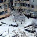 Засніжені автомобілі у дворі київської багатоповерхівки після снігопаду